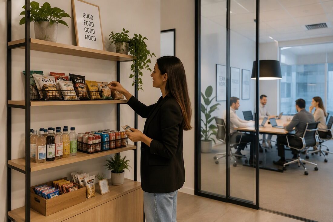 Empleada cogiendo un snack saludable de una estantería OfiSnax en una oficina moderna